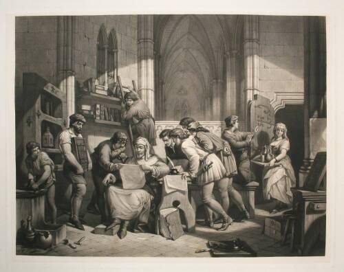 Large Aquatint engraving of William Caxton in his printing house