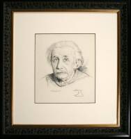 Original pencil portrait drawing of Albert Einstein, signed by Einstein and by the artist, framed