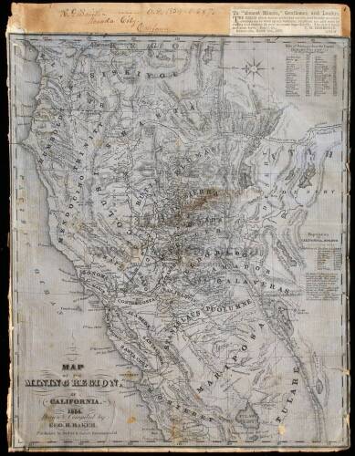 "Map of the Mining Region, of California, 1854. Drawn & Compiled by Geo. H. Baker" - pictorial lettersheet in a scrapbook of Gold Rush-related newsclippings and other material