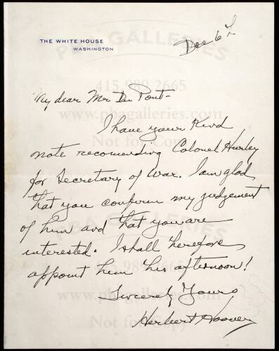 Autograph Letter Signed, to Alfred Du Pont, regarding the appointment of Patrick J. Hurley as Secretary of War