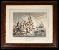 Two hand-colored engravings from Foreign Field Sports: "Boats Approaching a Whale" and "Killing a Shark"