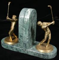 Pair of marble bookends with brass golfing figure