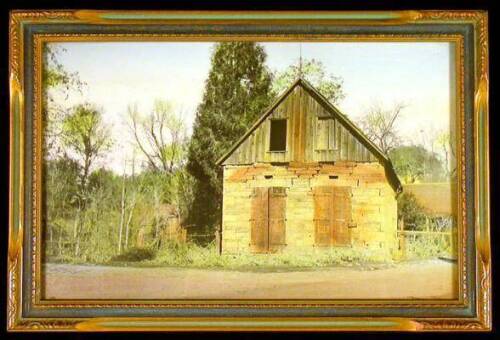 Two hand-colored photographs of abandoned buildings in Gold Country. Images of a stone and wood structure in an unidentified city and a saloon in Columbia, CA.