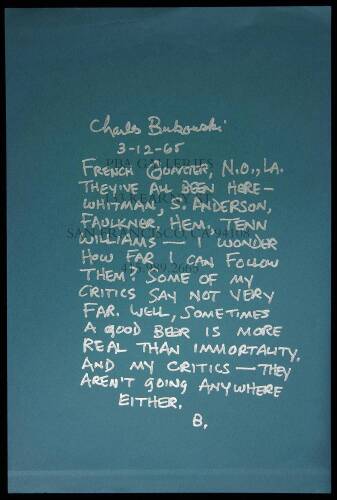 ''French Quarter, N.O., LA.'' - original hand-written poem, signed