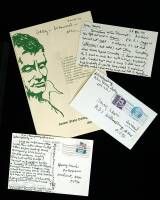 Correspondence collection from Allen Ginsberg to Harry Lewis, including 3 signed postcards, two fliers (one signed), and a photocopied letter with holographic note signed by Ginsberg