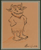 Original ink drawing with orange and yellow pencil coloring of the Wild Thing Bernard, standing with arms on hips, signed by Maurice Sendak