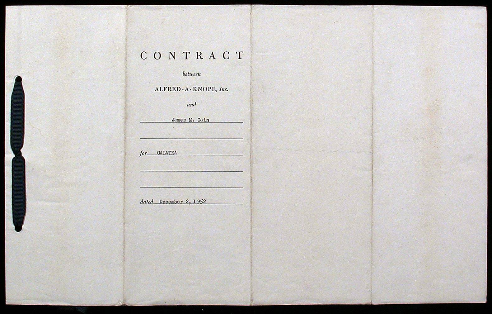 Galatea Original Book Contract For James M Cains Book Galatea Signed By Cain And Knopf 