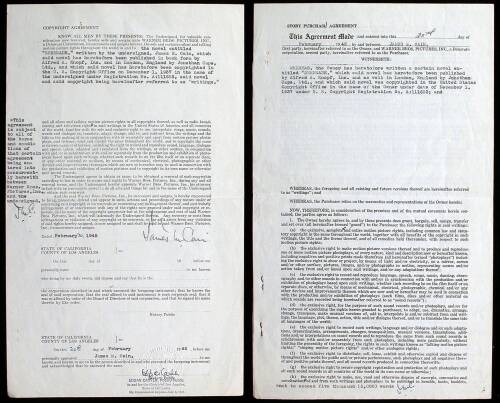 Serenade – Original Film Purchase Contract between Cain and Warner Bros. Pictures for Cain’s novel, Serenade